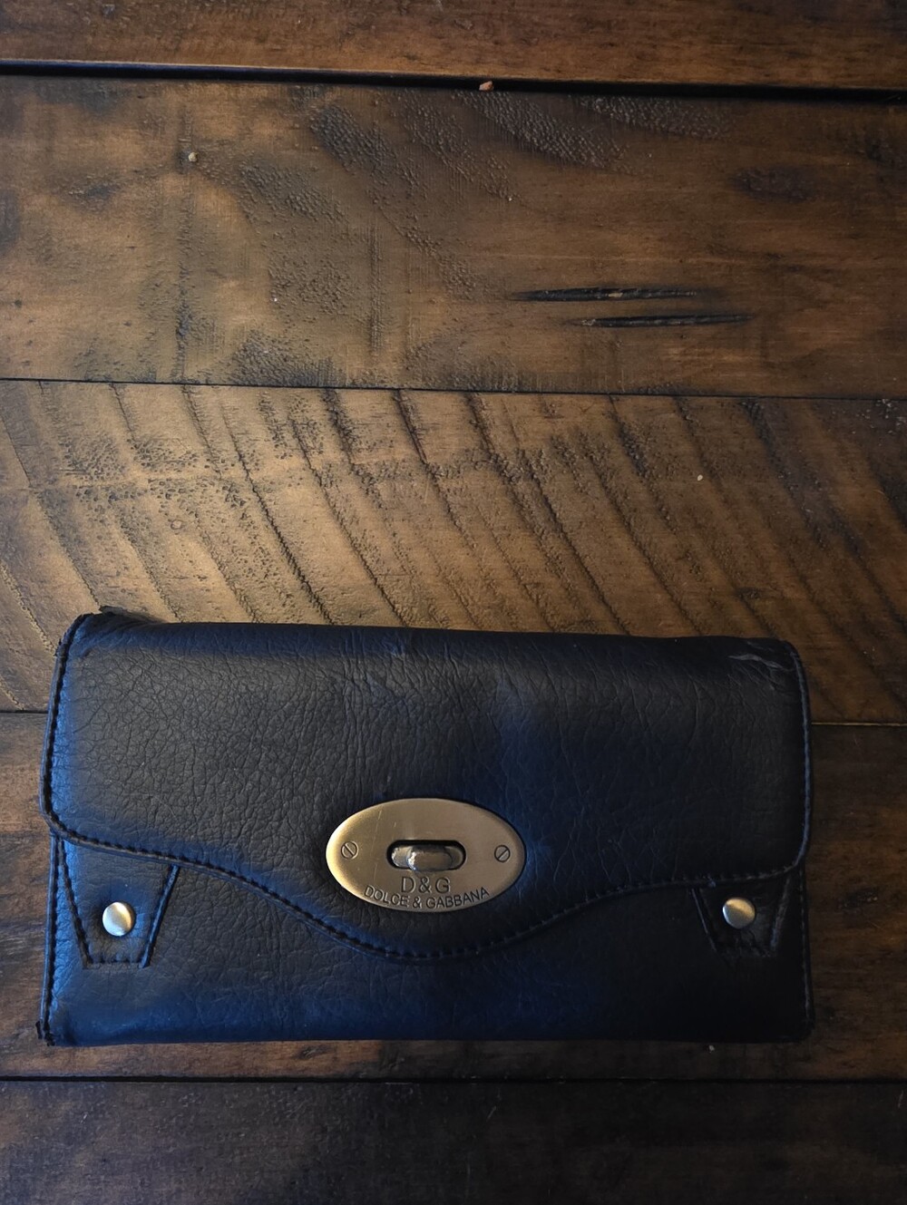 D&G Black Leather Wallet with Gold-Tone Plaque